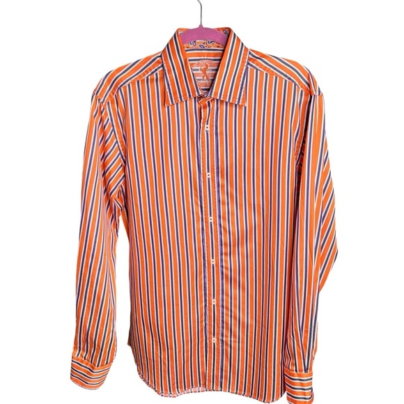 Bugatchi Orange Purple Striped Long Sleeve Button-Up Dress Shirt Sz M Modern Fit - Picture 4 of 15